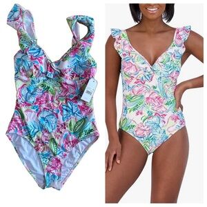 NWT Stella Parker Tropical Ruffle Maillot One Piece Swimsuit Multicolor, Size M